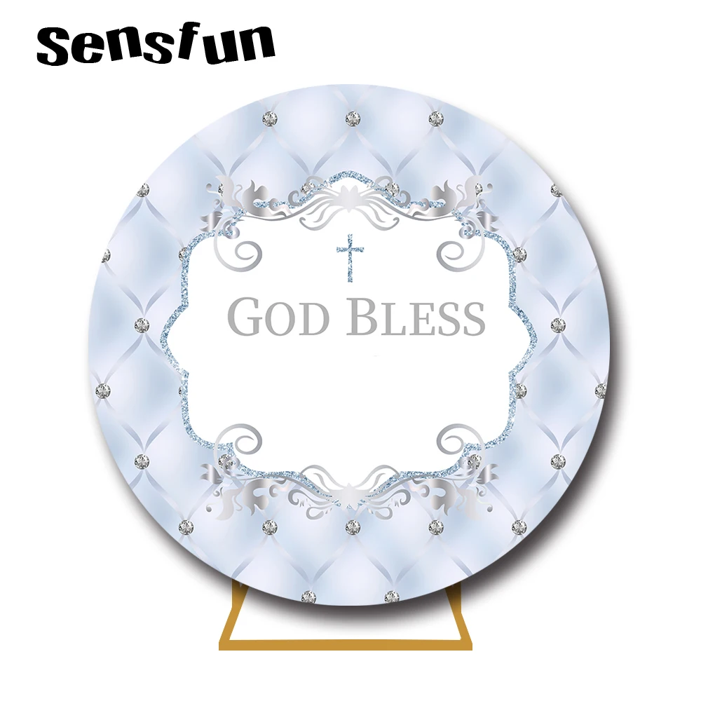 Blue Cross God Bless Round Backdrop Cover Boy Newborn Baptism Mi Primera Comunión 1st Birthday Party Circle Background Elastic