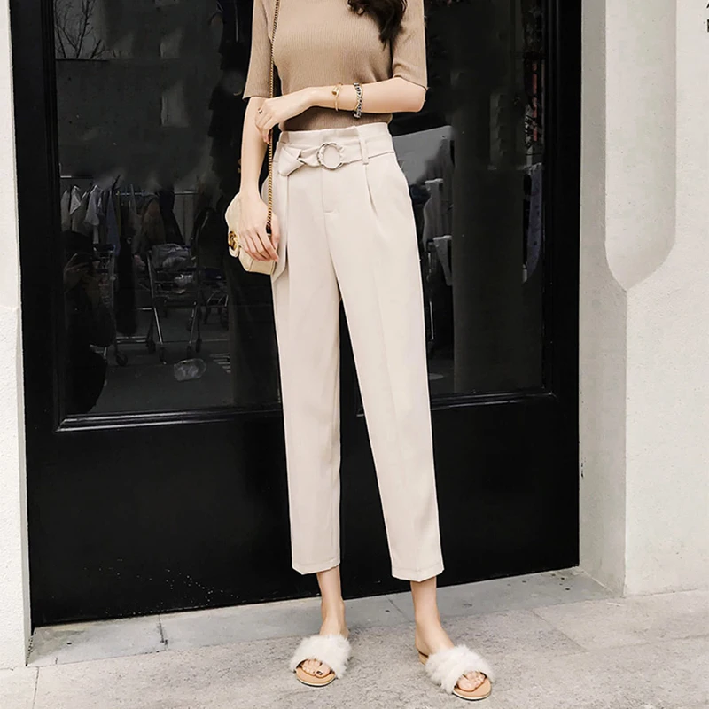 

Casual Korean Solid Women Pants Office Ladies Straight Zipper Fly Trousers Vintage Mujer High Waist Sashes Pockets Pantalones