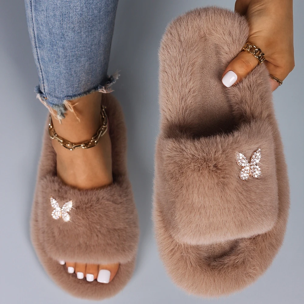 Furry Slippers Fur Slides Faux Fur Flip Flops Cute Ladies Butterfly Home Slippers Platform Soft Sandals Flats Winter shoes 2022