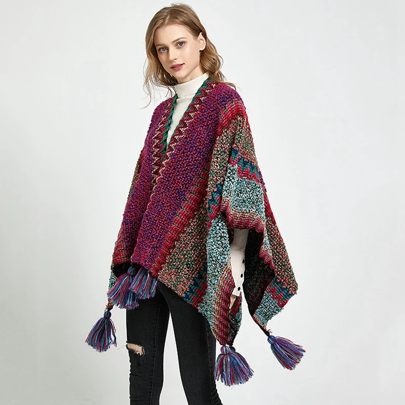 

Christmas Scarf Gift Wool-like Pashmina Stripe Weave Cardigan Sweater Knit Ball Multi-Color Lovers Shawl Long Cashmere Poncho