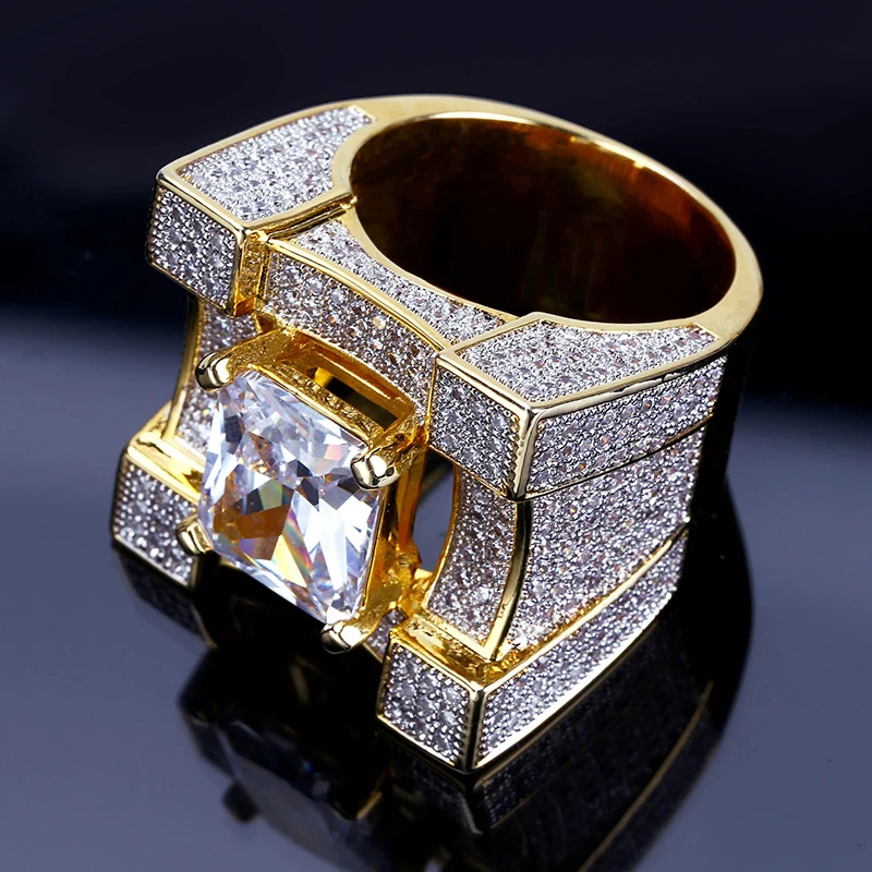 Micro Pave AAA Cubic Zirconia Bling Iced Out Big Square Men Signet Rings Męska biżuteria Hip Hop Rapper Rozmiar 7-11