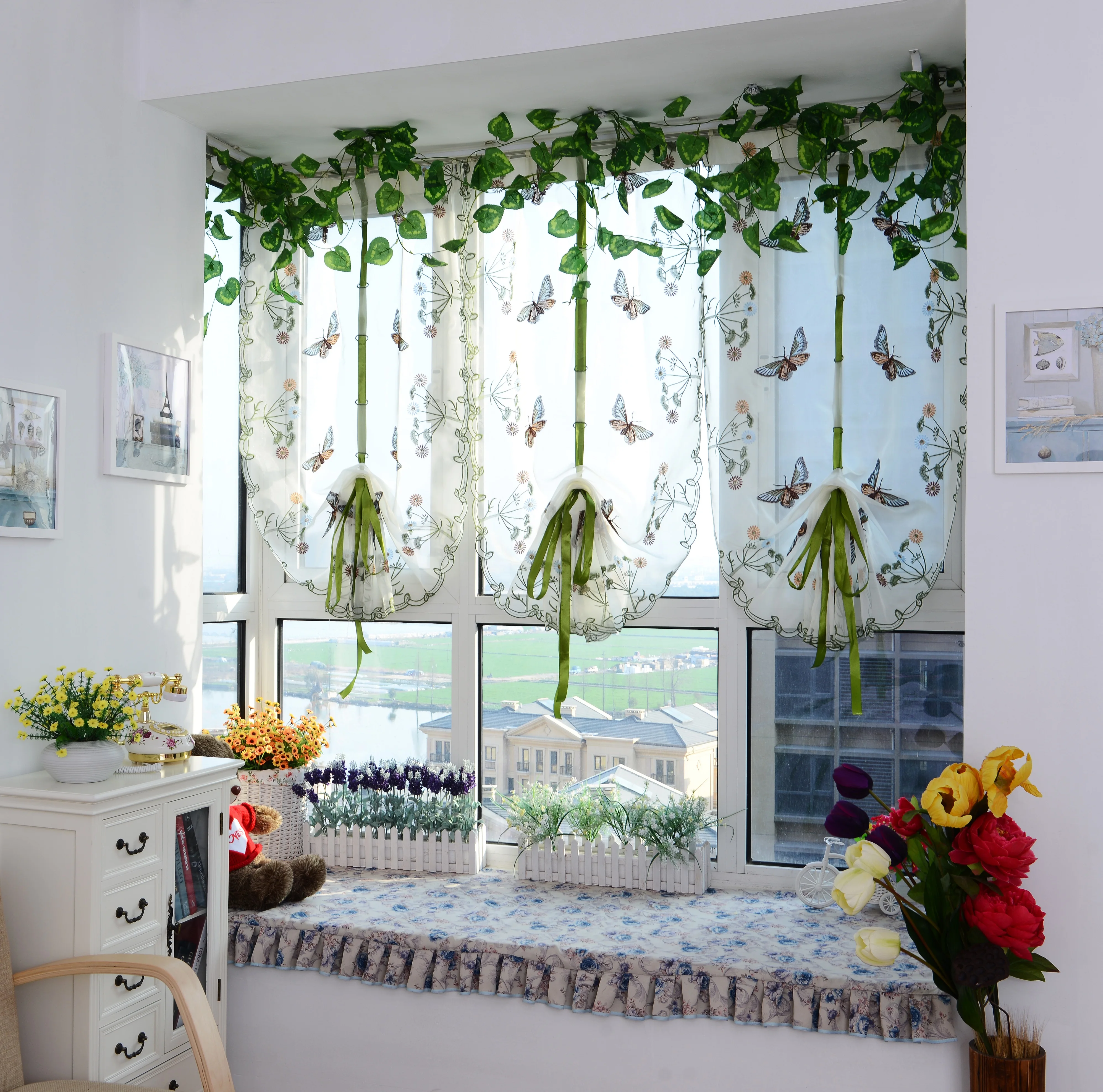 Roman Curtains for Window Sheer Tie Up Curtains White Embroidery Floral Panels Roman Shades for Small Window Curtain Valance