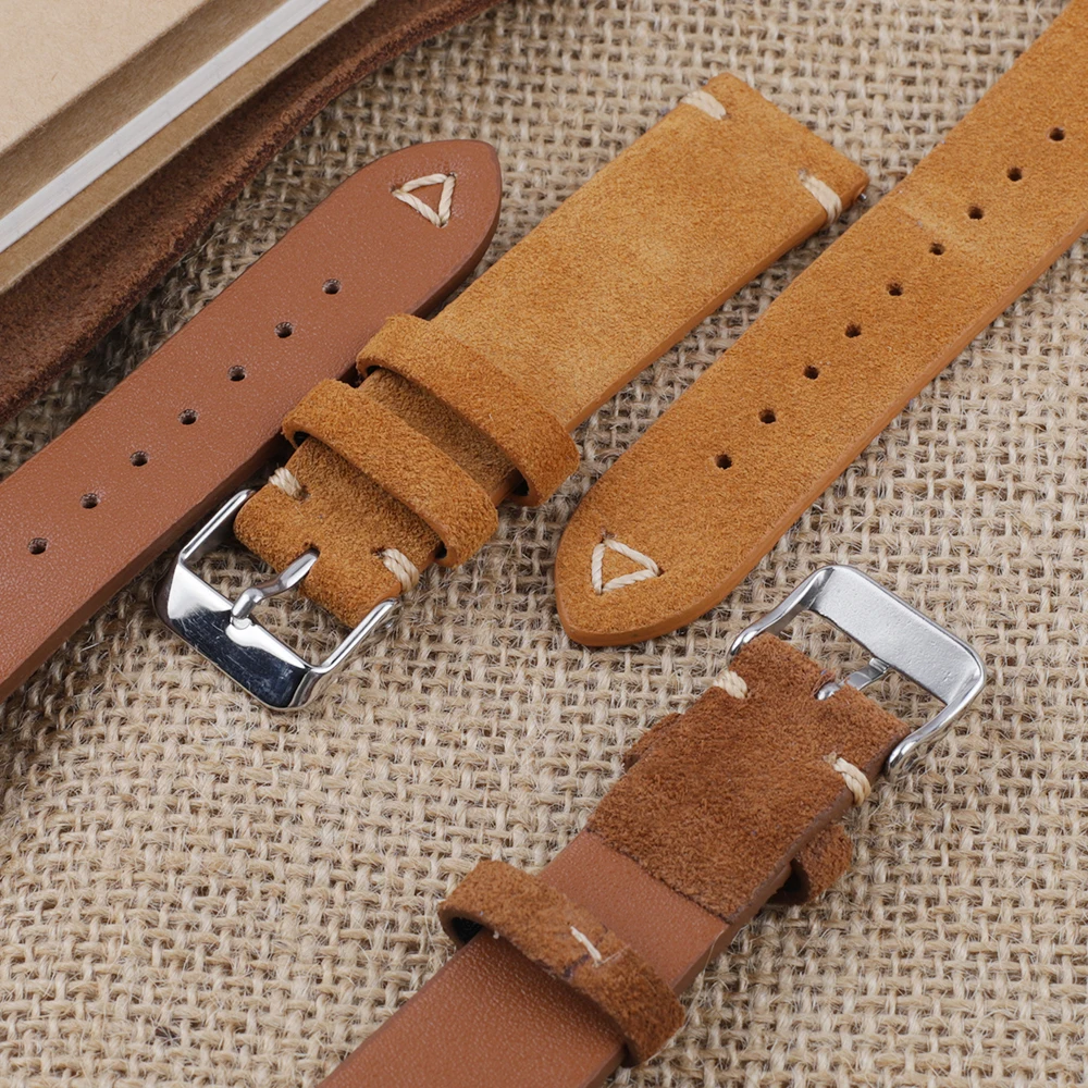 Suede Watch Strap Genuine Leather Retro Brown Watchbands 18mm 19mm 20mm 22mm Stitching Wristband Replacement Band Watch Parts