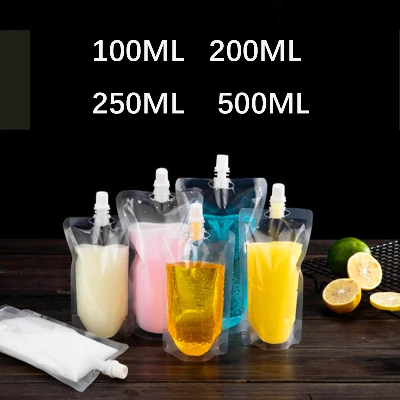 10pcs 100ml~500ml Transparent Stand up Spout Beverage Bags Plastic Spout Pouches for Party Wedding Fruit Juice Beer with Funnels