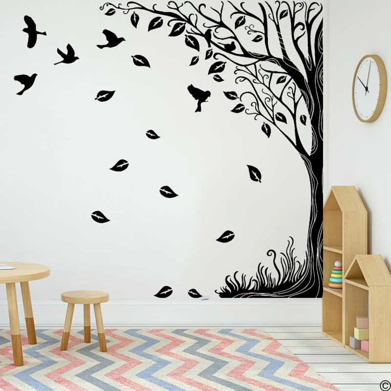 Large Side Tree Bird Leaves Wall Sticker Bedroom Playroom Branch Tree Jungle Woodland Wall Decal Kids Room Decor