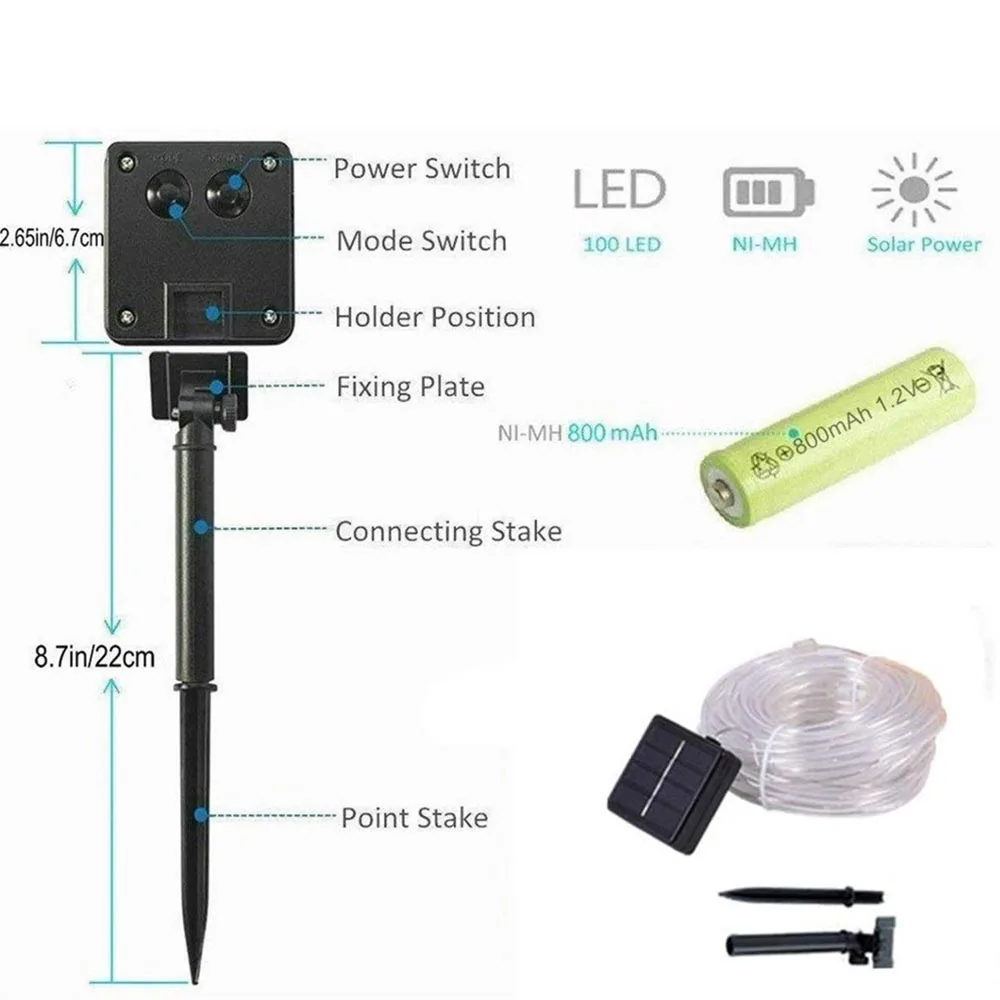 Cadena de luces solares para exteriores, 7M, 12M, 8 modos, LED, alambre de cobre, luz de hadas, tubo impermeable, lámpara para jardín, boda,