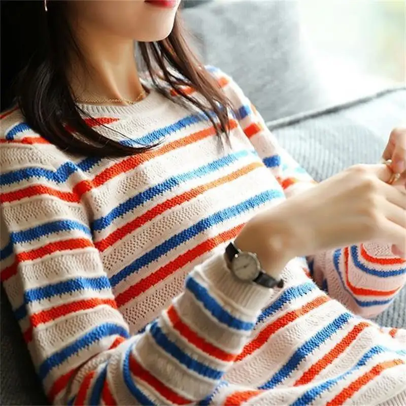 Blue Orange Striped Women 2023 Autumn Spring Pullover Long Sleeve O-Neck Fashion Contrast Sweater Femme Soft Loose Cotton Jumper