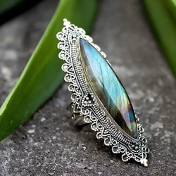 Milangirl Antique Vintage Ring Women's Hot Sale Bohemian Luxury Inlaid Big Rainbow Stone Ring Engraving Classic Ladies Ring