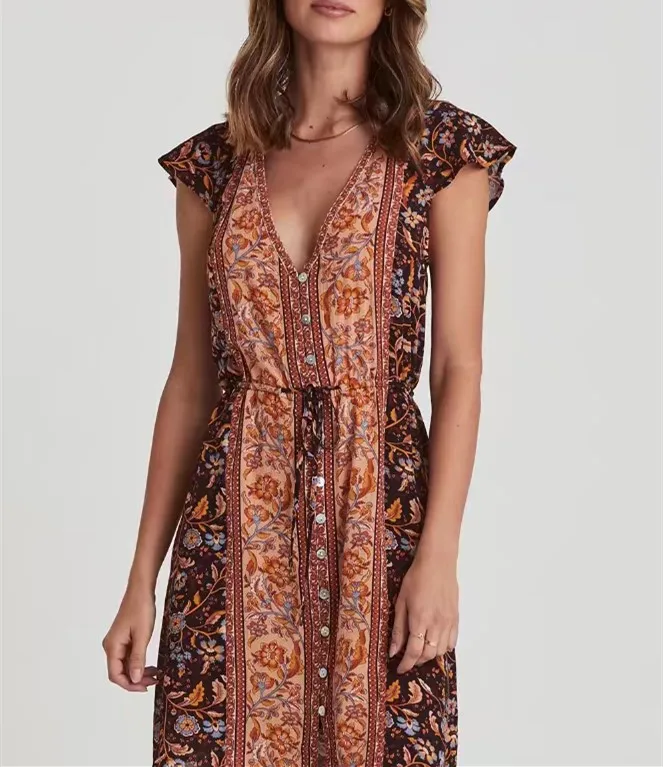 BOHO camelia stampa floreale abito estivo vacanza donna Lace up vita monopetto bottone manica corta Robe Beach