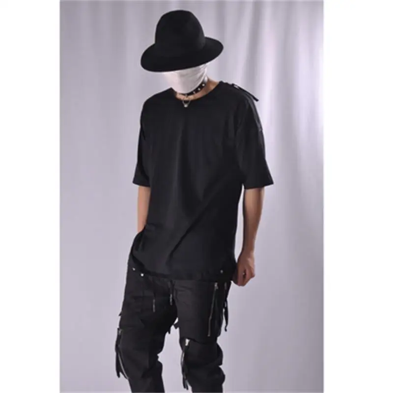 High Street in Europe and the United States, long arc short-sleeved t-shirt men hip-hop loose shoulder pockets half-sleeve dunga