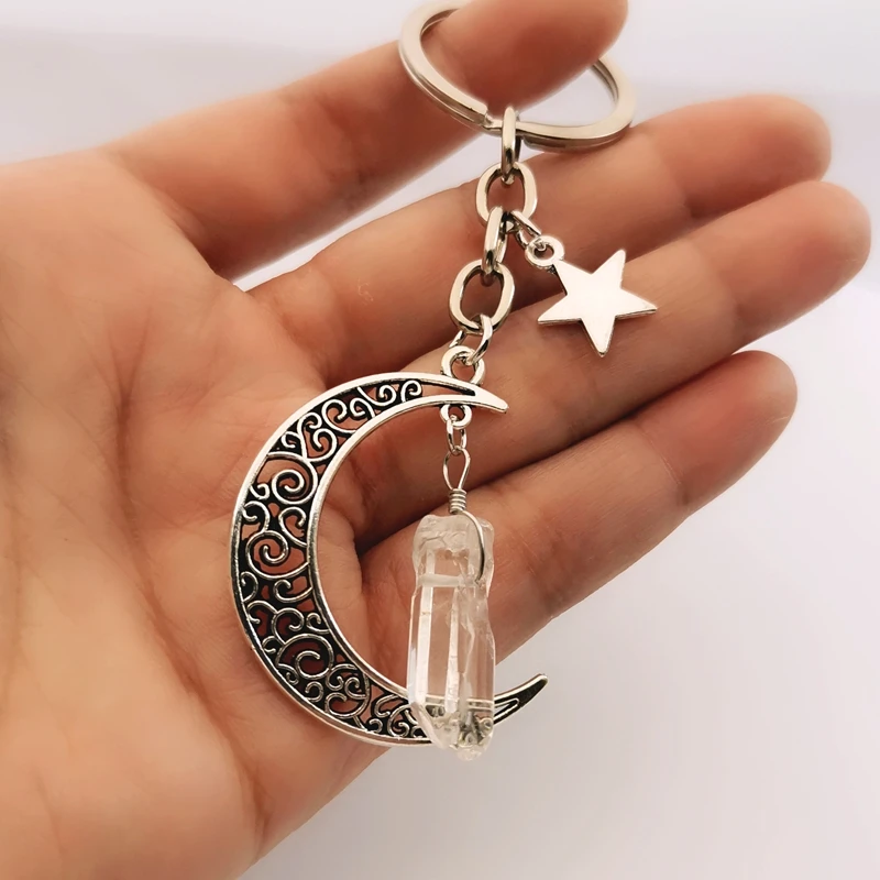 Crescent Moon Keychain with Natural White Quartz Crystal, moon and Stars, goth Choker Keychain, Witchy Jewelry Gift