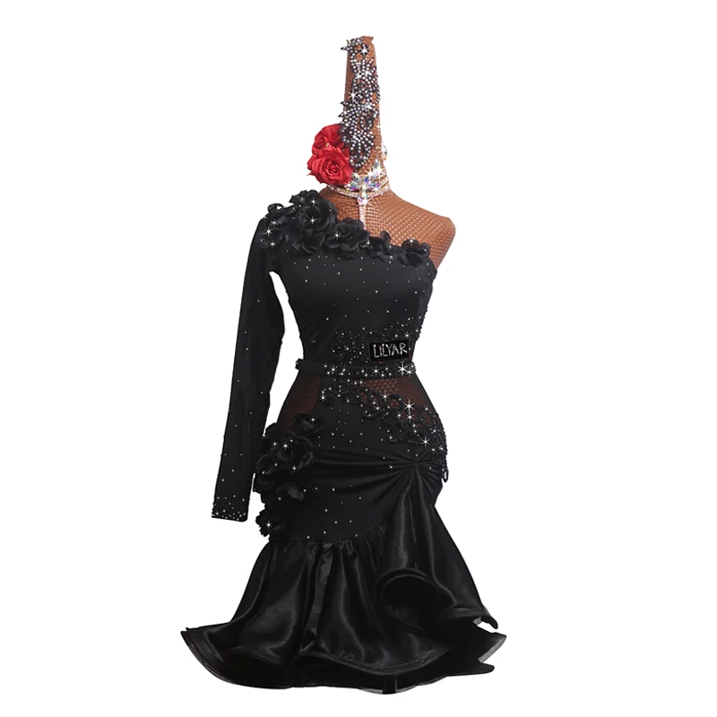 New Latin dance dress competition dress dress performance dress adult custom black rose oblique shoulder dance dress