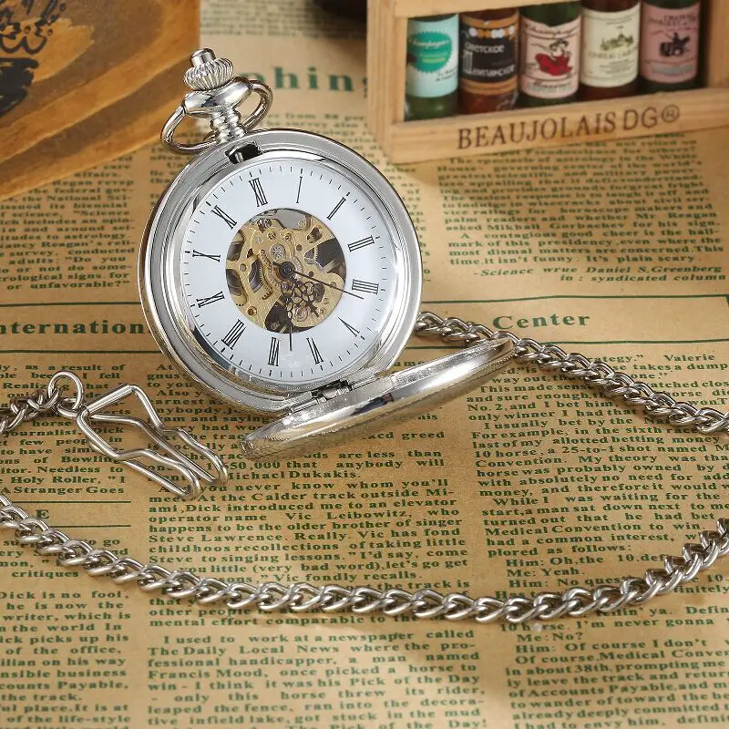 Reloj de bolsillo mecánico con números romanos para hombre y mujer, reloj de lujo con funda plateada lisa, cadena Fob de esqueleto Steampunk, regalo