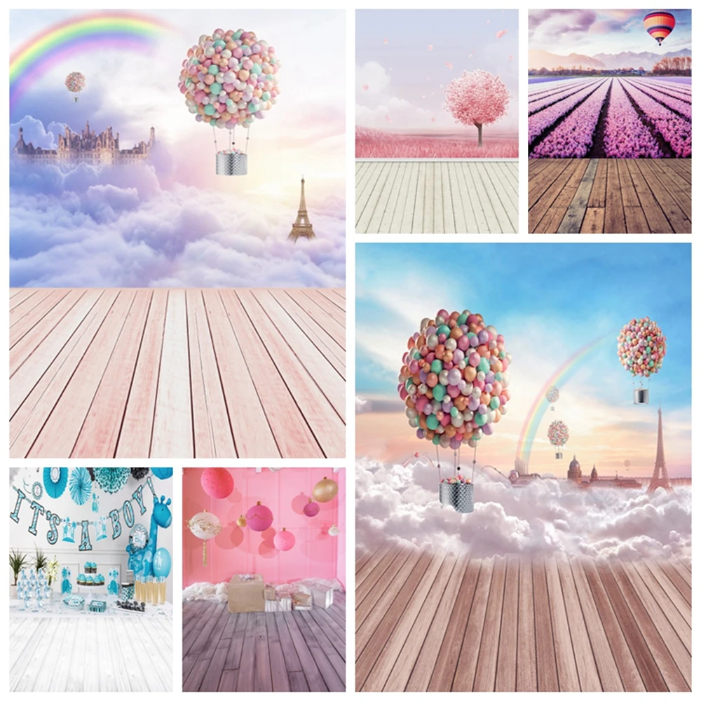 Fairytale Cloud Wooden Floor Castle Hot Air Balloon Baby Birthday Dreamy Vinyl Backdrop Photography Background For Photo Studio