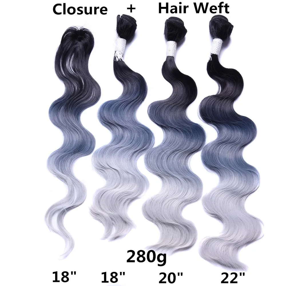 Volledige Star 4 Stks/partij Body Wave Ombre Blauw Paars 613 Kleur Synthetisch Haar Weeft 18 "20" 22 "machine Dubbele Inslag Haar Met Sluiting