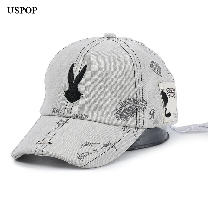 

USPOP Bugs Bunny washable denim baseball caps Embroidery graffiti visor cap women spring caps