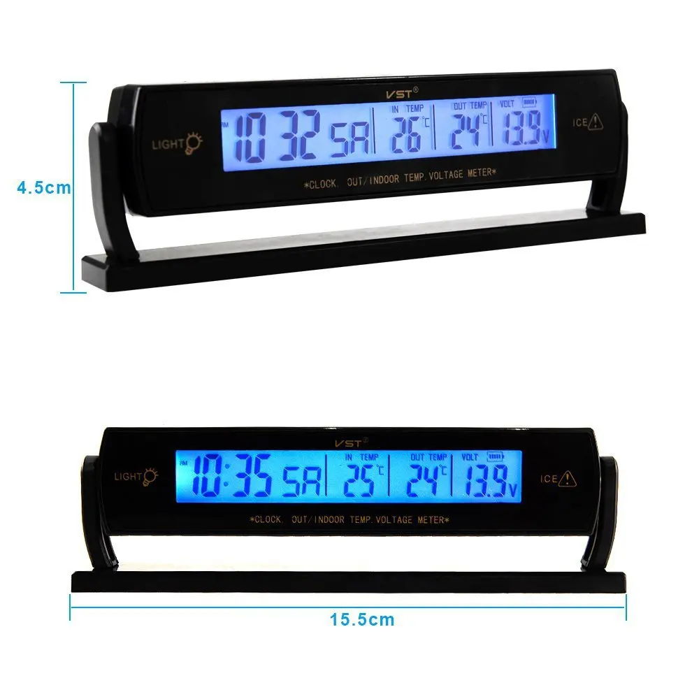 Car Clock Calendar Inside Outside Thermometer Voltage Meter LCD Screen Voltmeter Blue Backlight 12/24 Hours Display