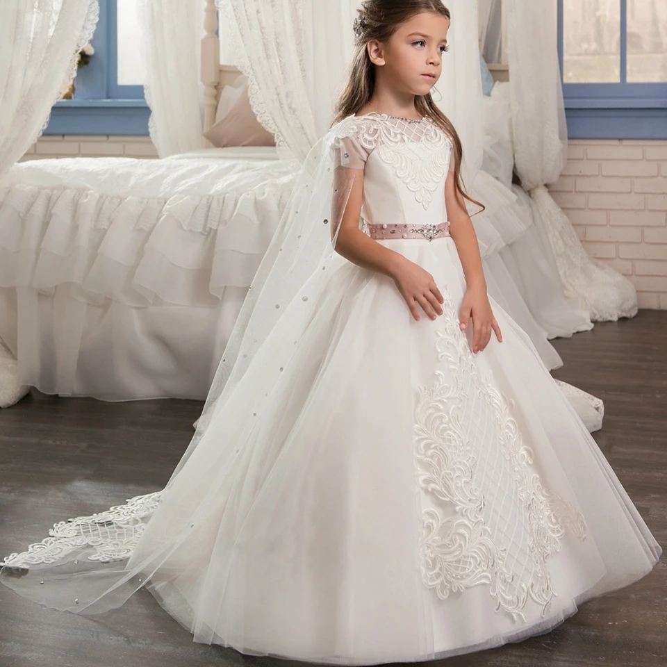 Beaded Crystal Flower Girl Dresses Short Sleeve With Shawl Princess Dress For Weddings First Communion Dress Special Occasion