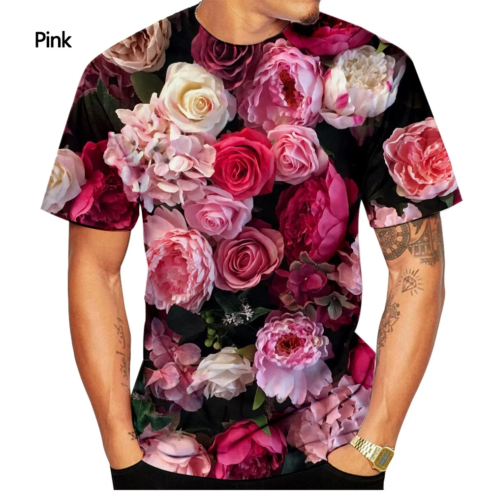 Rose T-shirt Men\'s Fashion 3D Printing T-shirt Summer Casual Short Sleeve Flower Shirt Top