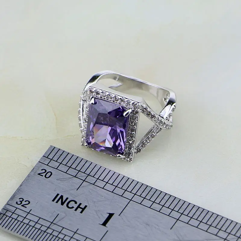 Square Purple Crystal White Zircon 925 Sterling Silver Jewelry Sets For Women Wedding Earrings/Pendant/Necklace/Bracelet/Ring