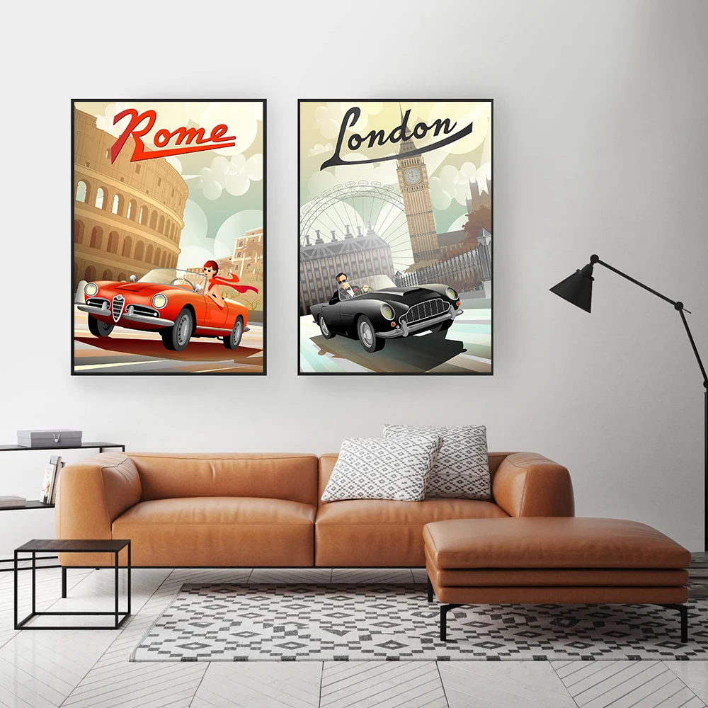 France Poster London Big Ben Retro Print Italy Rome Colosseum Arc de Triomphe Retro Car Wall Art Canvas Home Decor For Bedroom