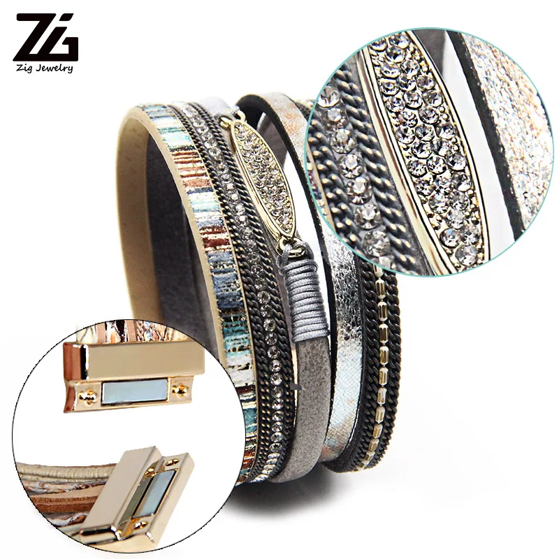 ZG Fashion Women Leather Bracelet Rhinestone Bar Charm Bohemian Leather Female Bracelets in 7 Colors