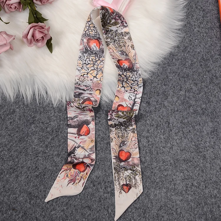 Spring flowers and plants lady scarf printing versatile simulation silk scarf binding bag handle small ribbon scarf headscarf