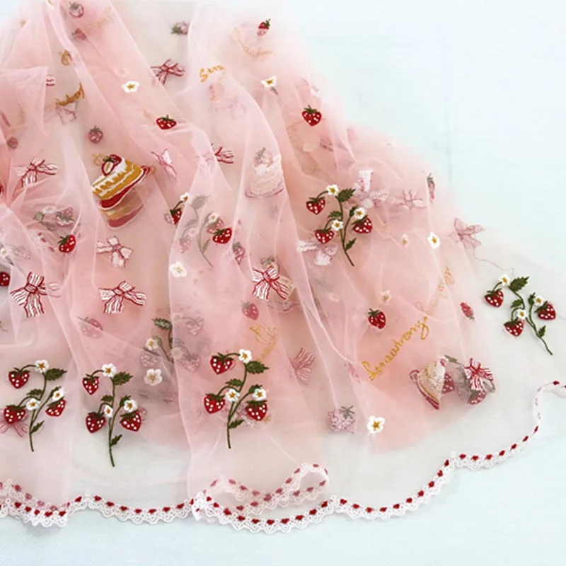 Korean Style Soft Flower Strawberry Embroidery Mesh Fabric Children\'s Clothing Fabric Handmade DIY Fabric Home Decoration