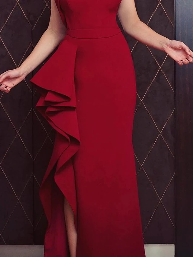 Vestido de noite formal vermelho escuro, Babados de um ombro, Frente dividida, Vestido de baile, Vestido sereia, Dubai, Árabe, Dubai, 2024