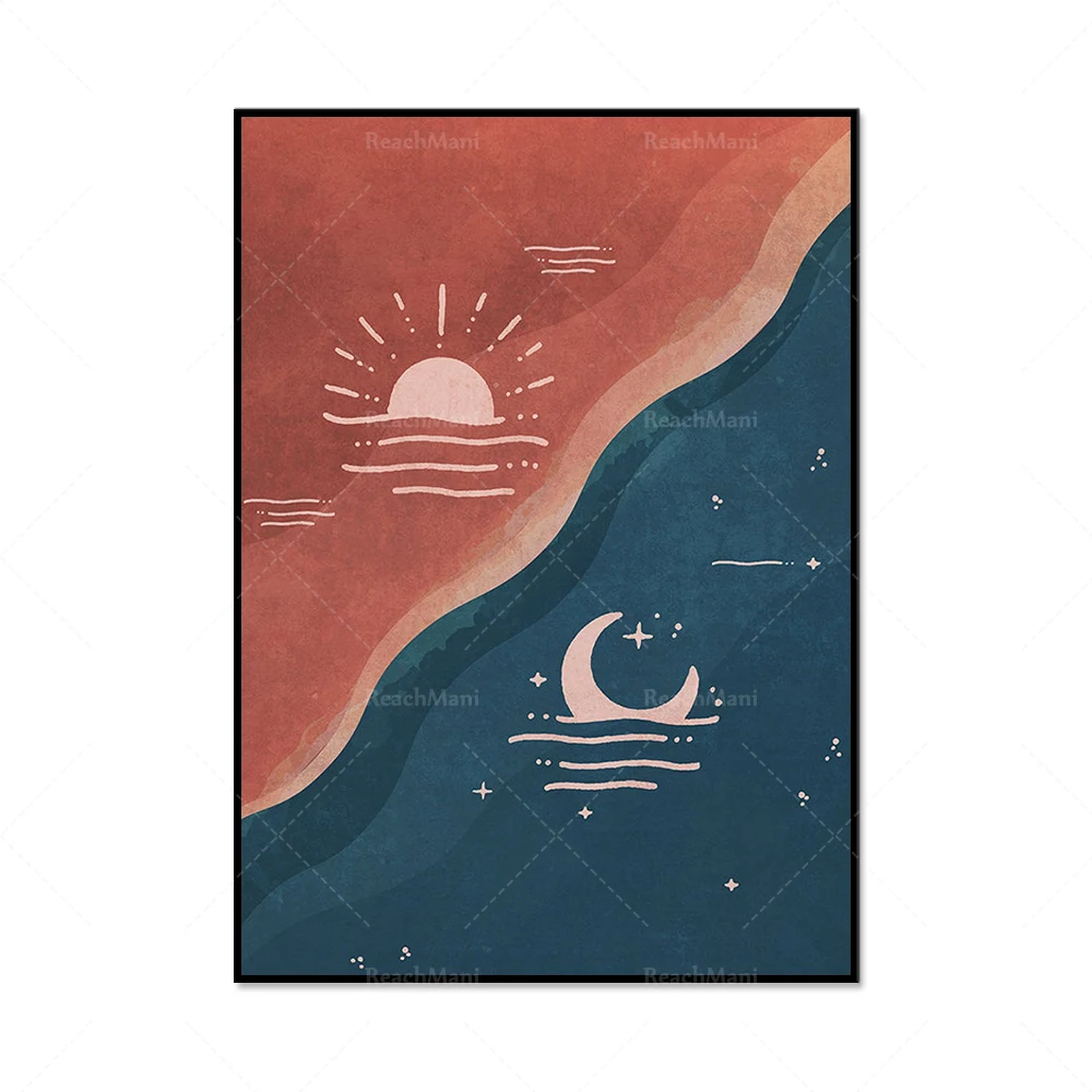 Nautical bohemian sun and moon wall art poster. Bohemian astronomical view, harmony between the terracotta warriors and the sea.
