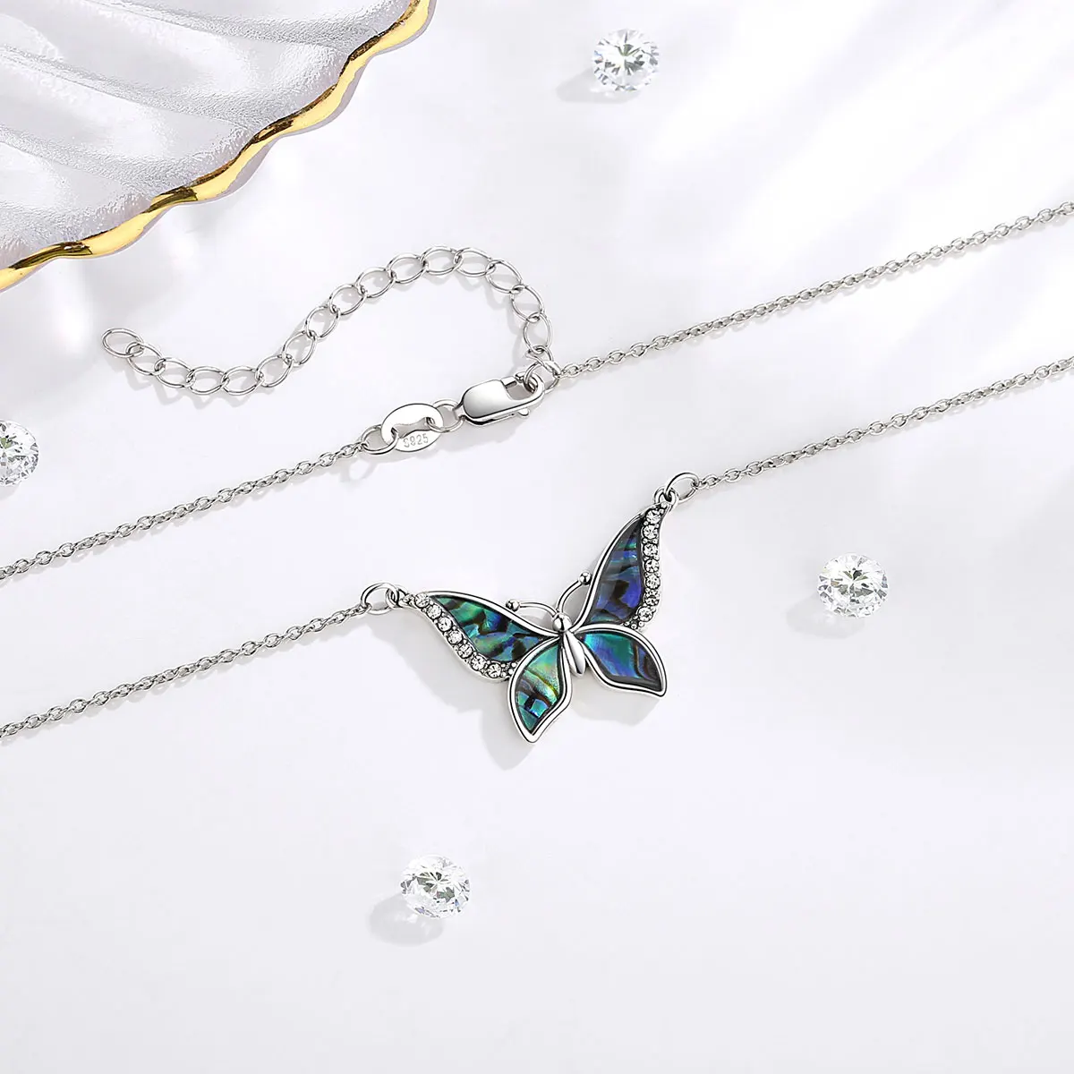 Eudora Real 925 Sterling Silver Abalone Shell Blue Butterfly Crystal Necklace Pendant FIna Fashion Jewelry Gift for Women 040