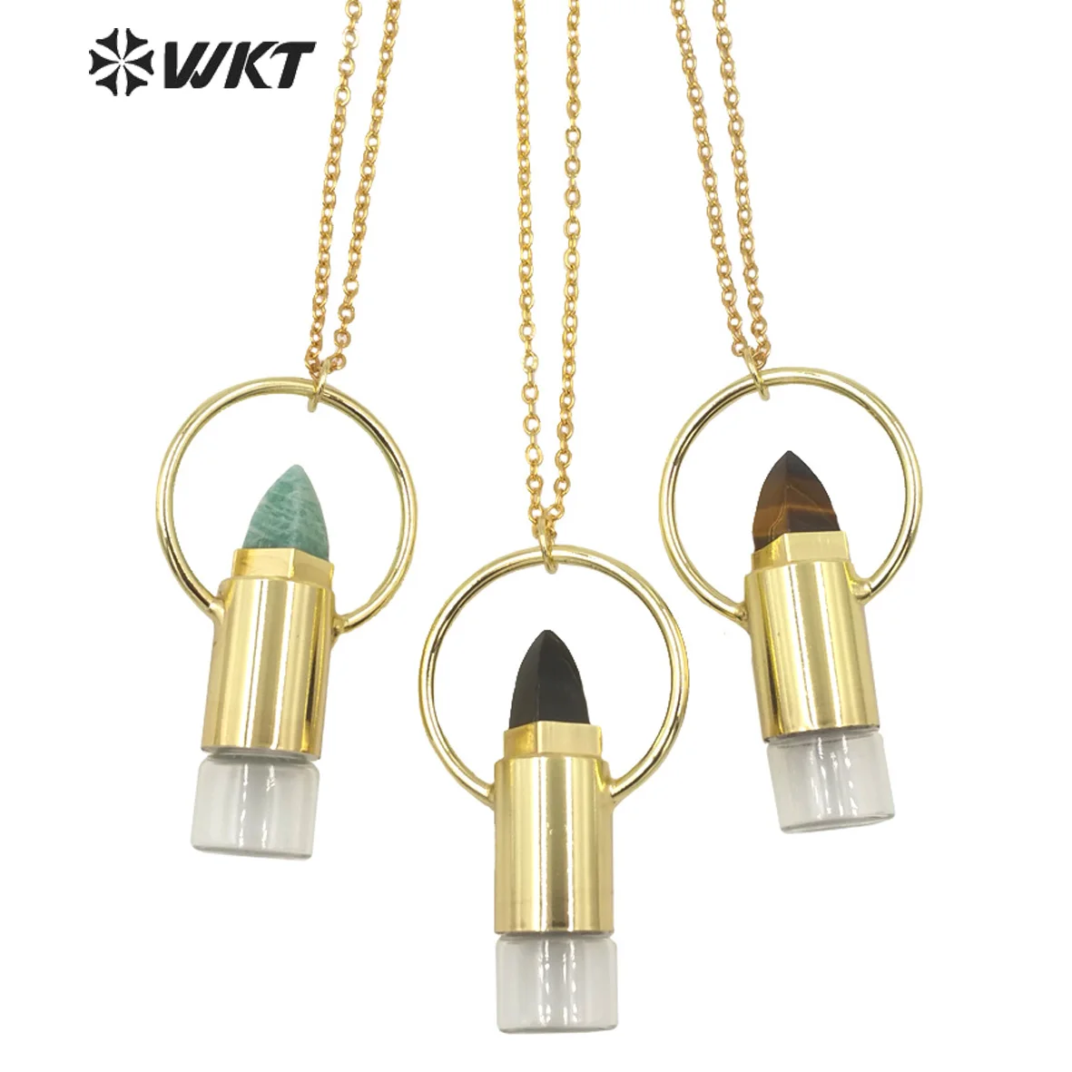 WT-N1295 WKT Women Bohemian Style Gold Plated Roll Gem Stone Perfume Bottle Necklace Big Healing Stone Quartz Perfume Bottle