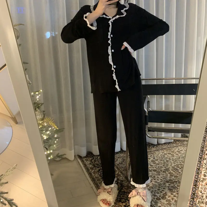 Women Ruffles Patchwork Pajama Sets Long Sleeve Tops Full Length Pants Slim Gentle Sleepwear Cozy Fashion Lounge Females Popular