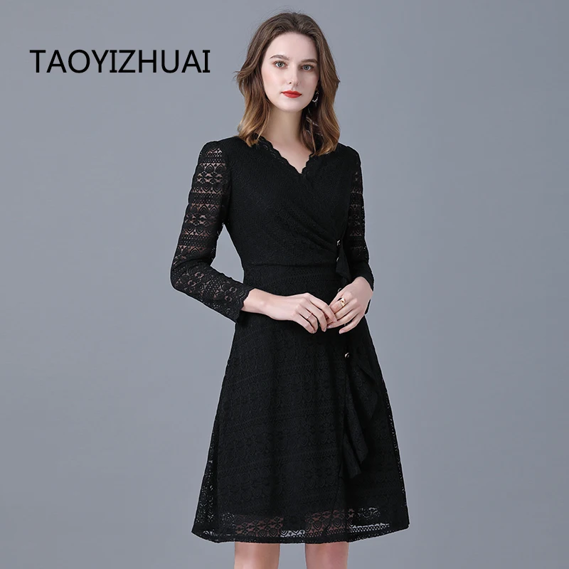 

Stretch brand lace dress Spring and autumn new fashion big brand black celebrity design sense minority plus size small black ski