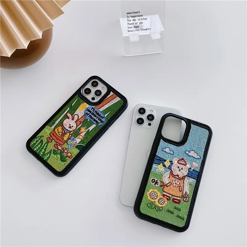 Cute Korea Embroidery Animal Rabbit Girl Soft Case For Iphone 15 14 13 11 12 Pro Max X XR MAX Hard Phone Cover Fundas