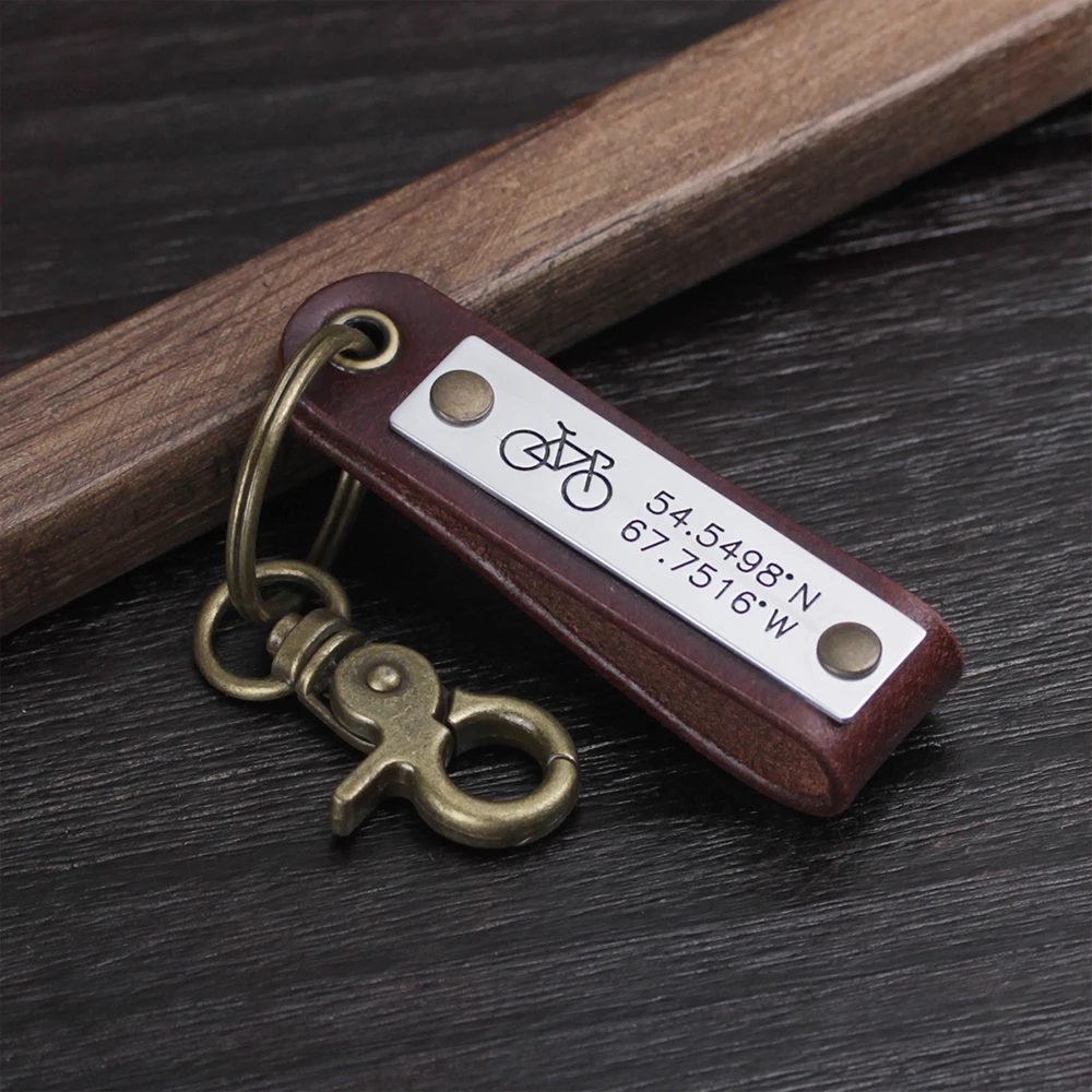 

Personalized Men's Leather Keychain - Custom Latitude Longitude keyring - Can Be Personalized with Your Coordinates Or Any Text