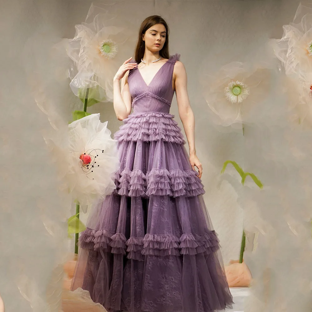 2024 doce roxo longo em camadas tule vestidos de baile com decote em v babados renda macia formal festa vestido de baile para casamento feminino