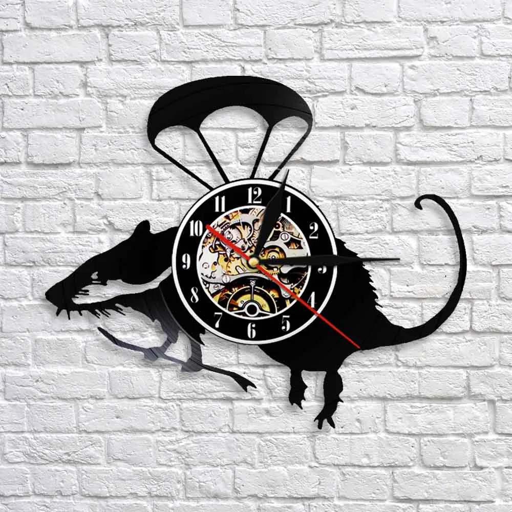 Lying Helicopter Rat 3D Wall Clock Cute Paratrooper Mouse Vinyl Record Hanging Watches Modern Design Nursery Decor Kids' Room