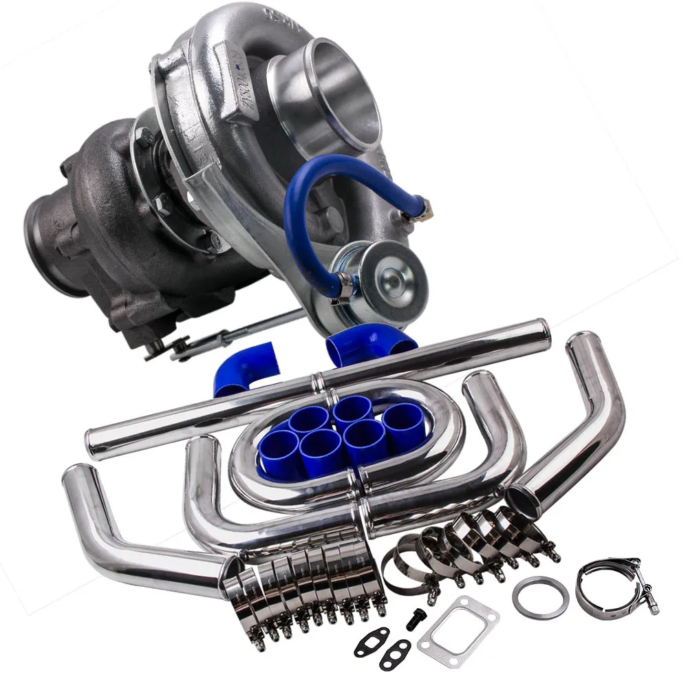 

Maxpeedingrods T3 Turbocompressor Turbo Charger .63 A/R 420HP 4/6 Cly & 2.5" 64mm Piping Kit Oil Cooled Turbine