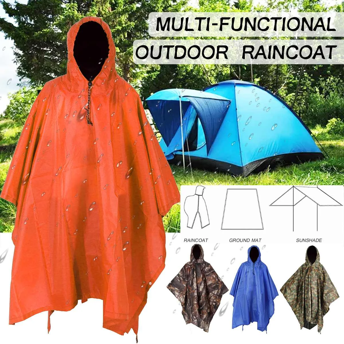 3 in 1 Portable Sunshade Camping Tarp Ground Mat Raincoat Outdoor Waterproof Rain Poncho Backpack Cover for Hiking Picnic tent