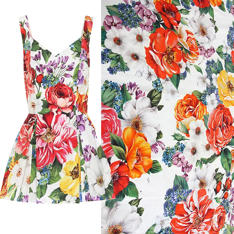 

Fashion Colorful Peony Flower Printed Poplin Cotton or Satin Fabric For Woman's Summer Dress Blouse DIY Cloth Sewing Material