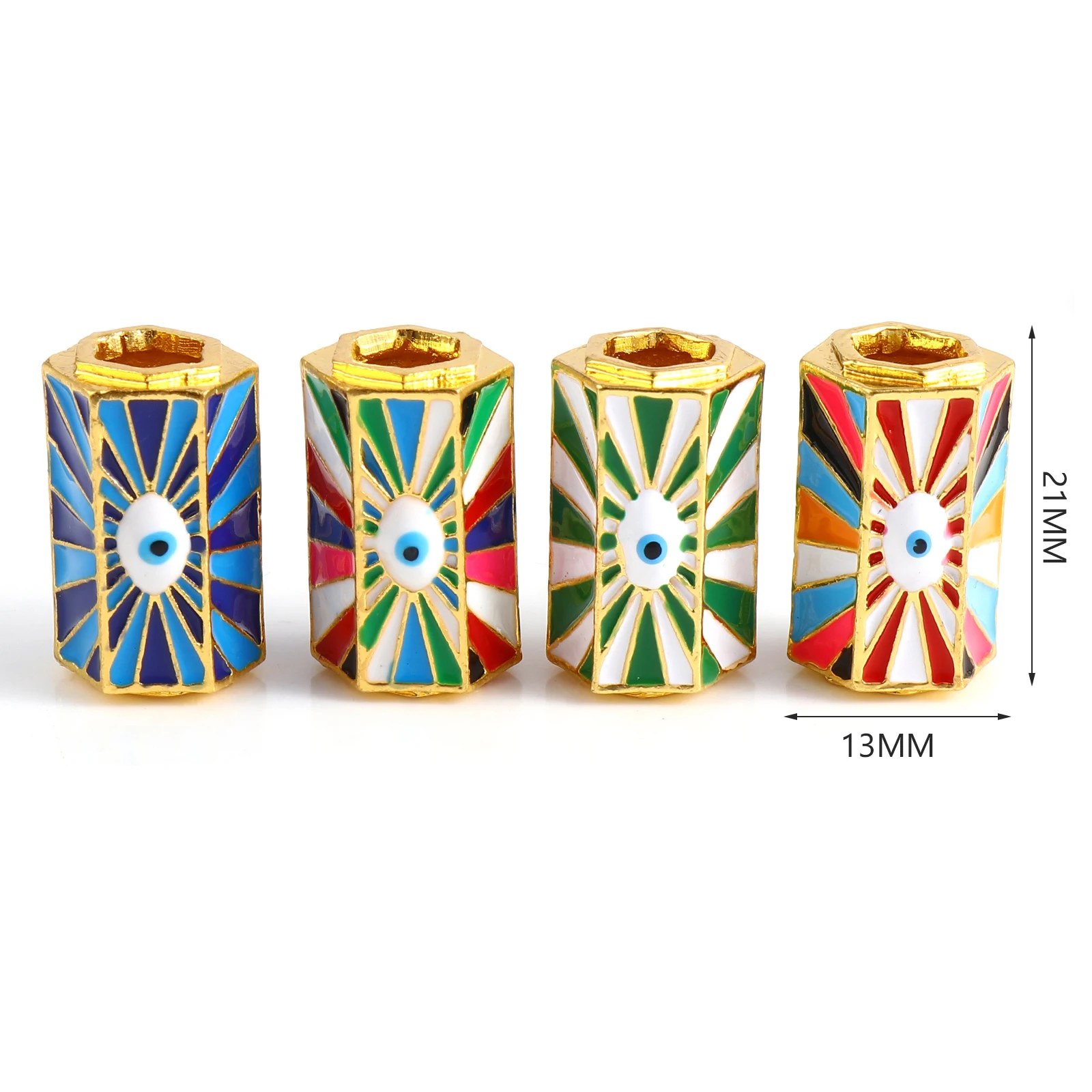 1 Piece  Religious Large Hole Charm Beads Enamel Evil Eye Metal Hexagonal Prism  Loose Beads Gold Color For DIY Jewelry Pendants