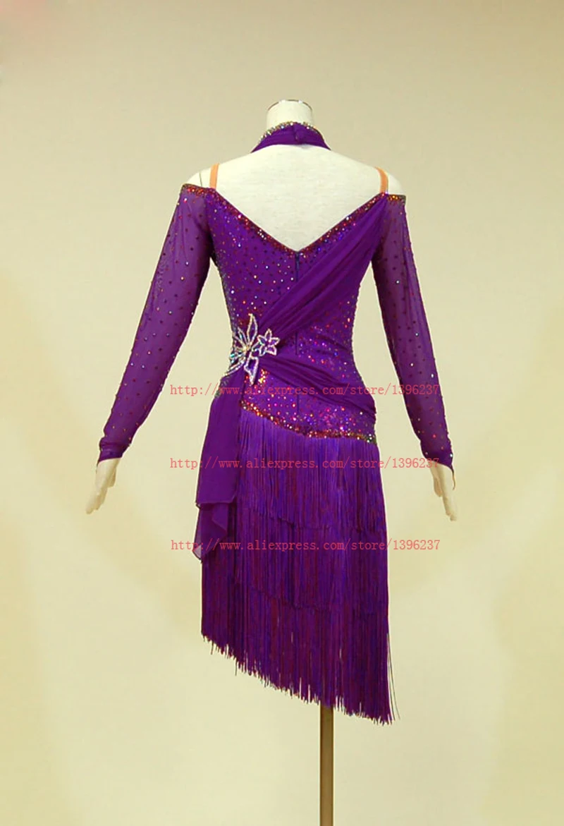 Women Latin Competition Dance Dress Purple V Neck Long Sleeve Tassel Rumba Jive Chacha Samba Latin Dance Dress