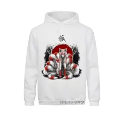 Cozy Vintage Fox Design Men Sweatshirt Japanese Nine Tailed Fox Kitsune Printed Graphic Hoodie Hipster Pocket Funny