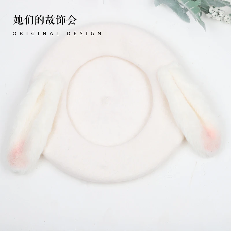 Beret Japanese Original Lolita Sweet Girl Cute Hat Winter Warm Plush Rabbit Ears Beret