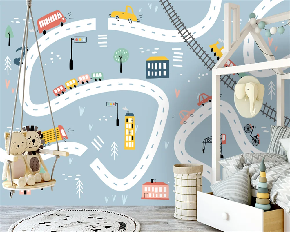 Beibehang Custom Modern Nordic Hand-Painted Small House Road Car Children's Room Background Papel De Paredes Wallpaper