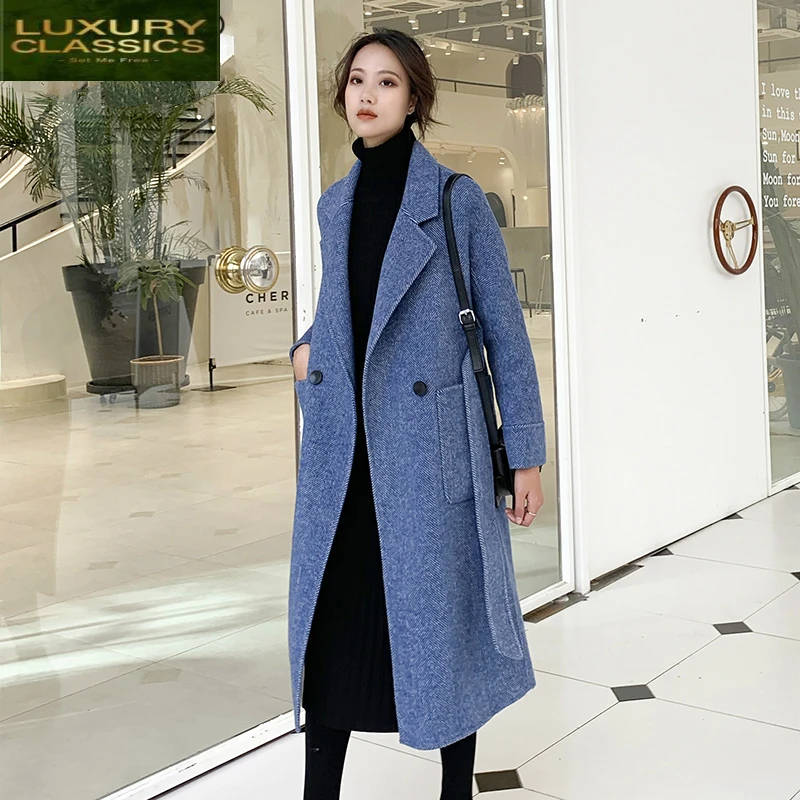 

Wool Autumn Coats Winter Female Double Breasted Jackets Women Slim Long Belt Clothes Korean Spring Overcoat 2021 LWL1395