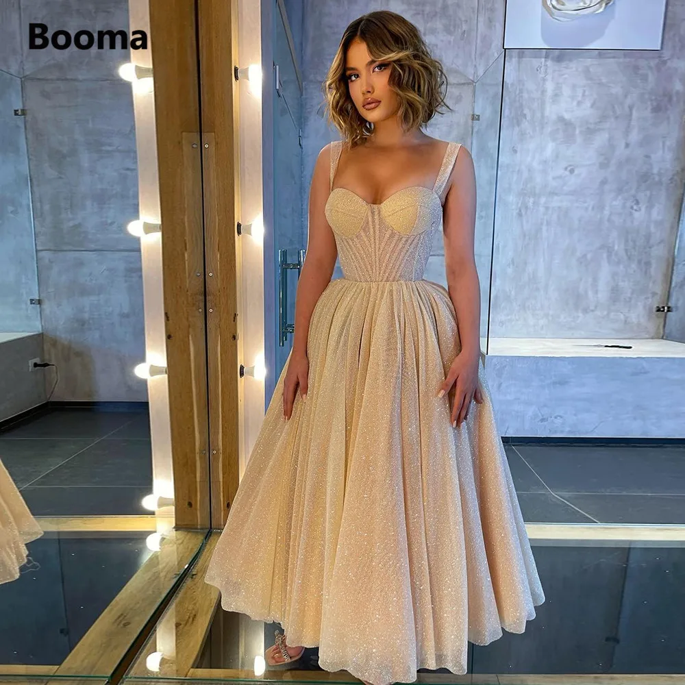 Booma Champagne Glitter Tulle Midi Prom Dresses Spaghetti Straps Sweetheart Boning Tea-Length Formal Party Dress Customized