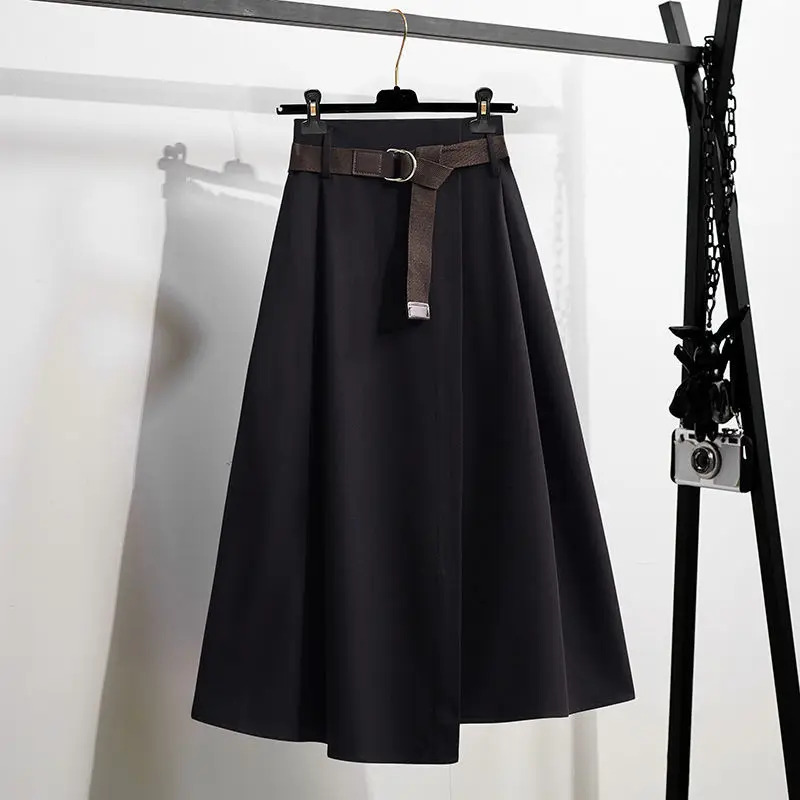 

2022 Women Casual Summer Skirt Elastic High Waist Sashes Split Elegant Chic Office Lady Cotton Midi Skirts Saia Femme