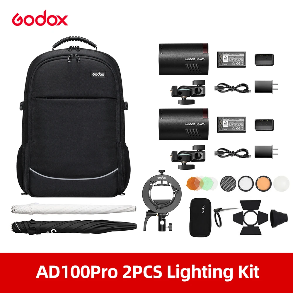 Godox 2pcs AD100Pro AD100 PRO 100W Out Door Flash Flashes with Backpack  + Umbrella + S2 Bracket + AK-R1 Flash Kit